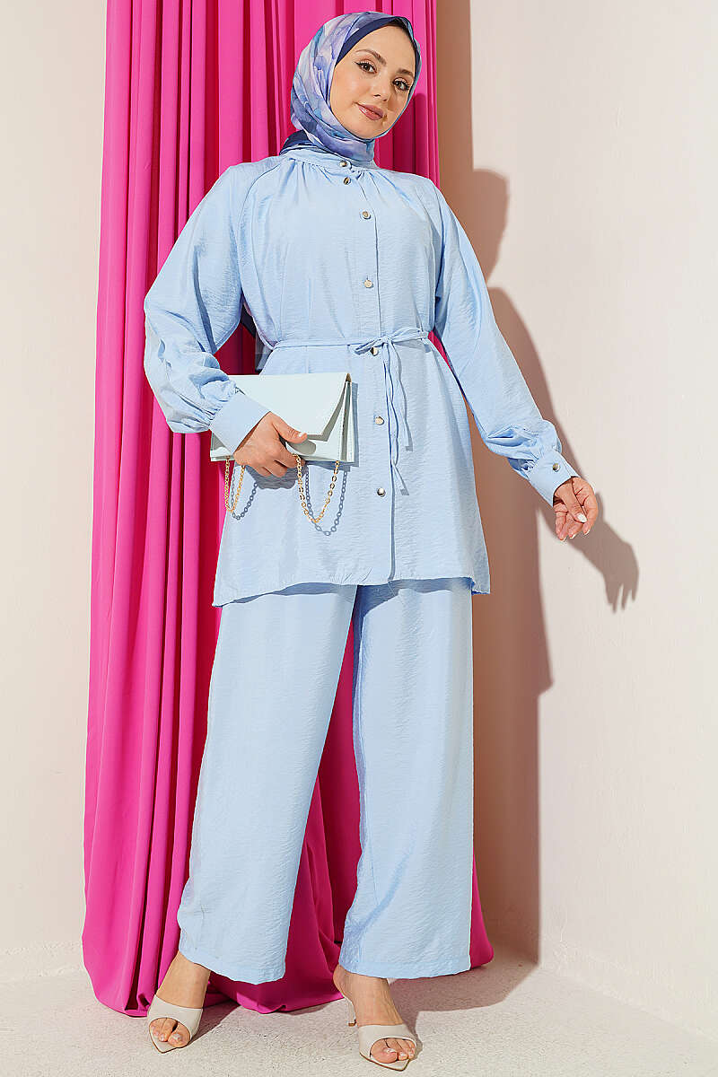 Two-Piece Set with Gathered Neck and Cord Belt - Blue