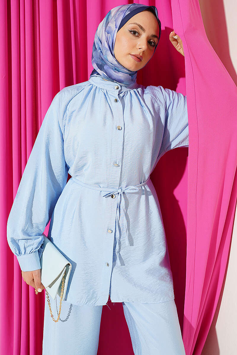 Two-Piece Set with Gathered Neck and Cord Belt - Blue