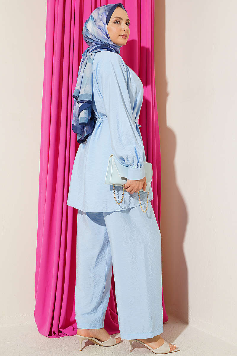 Two-Piece Set with Gathered Neck and Cord Belt - Blue