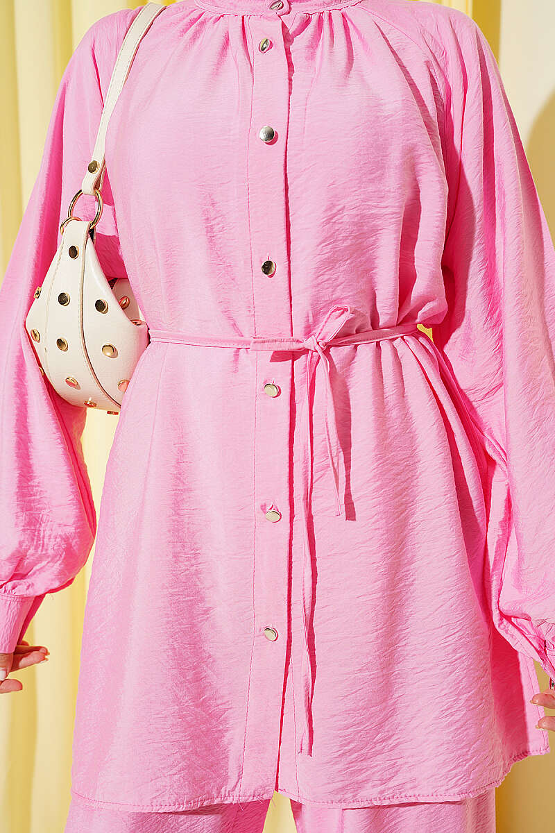 Two-Piece Set with Gathered Neck and Cord Belt - Pink