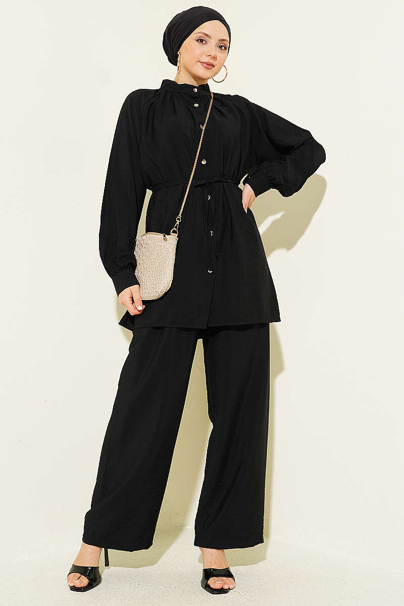Two-Piece Set with Gathered Neck and Cord Belt - Black