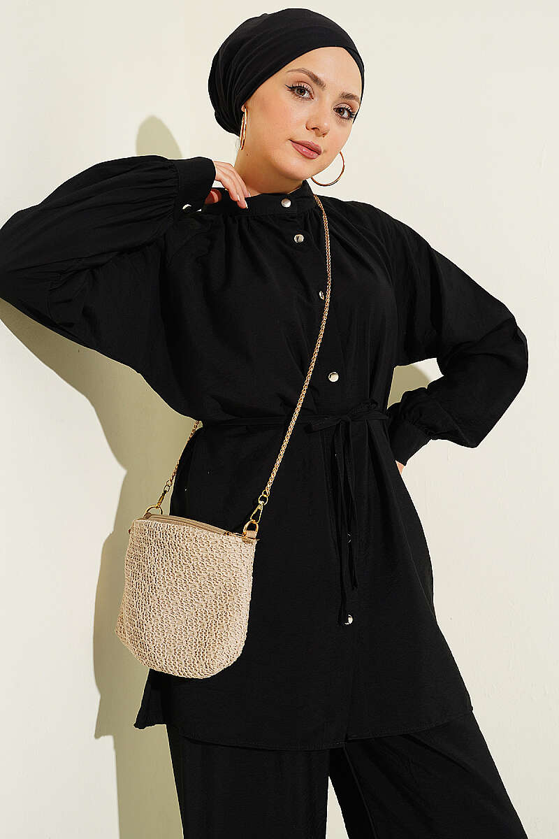 Two-Piece Set with Gathered Neck and Cord Belt - Black