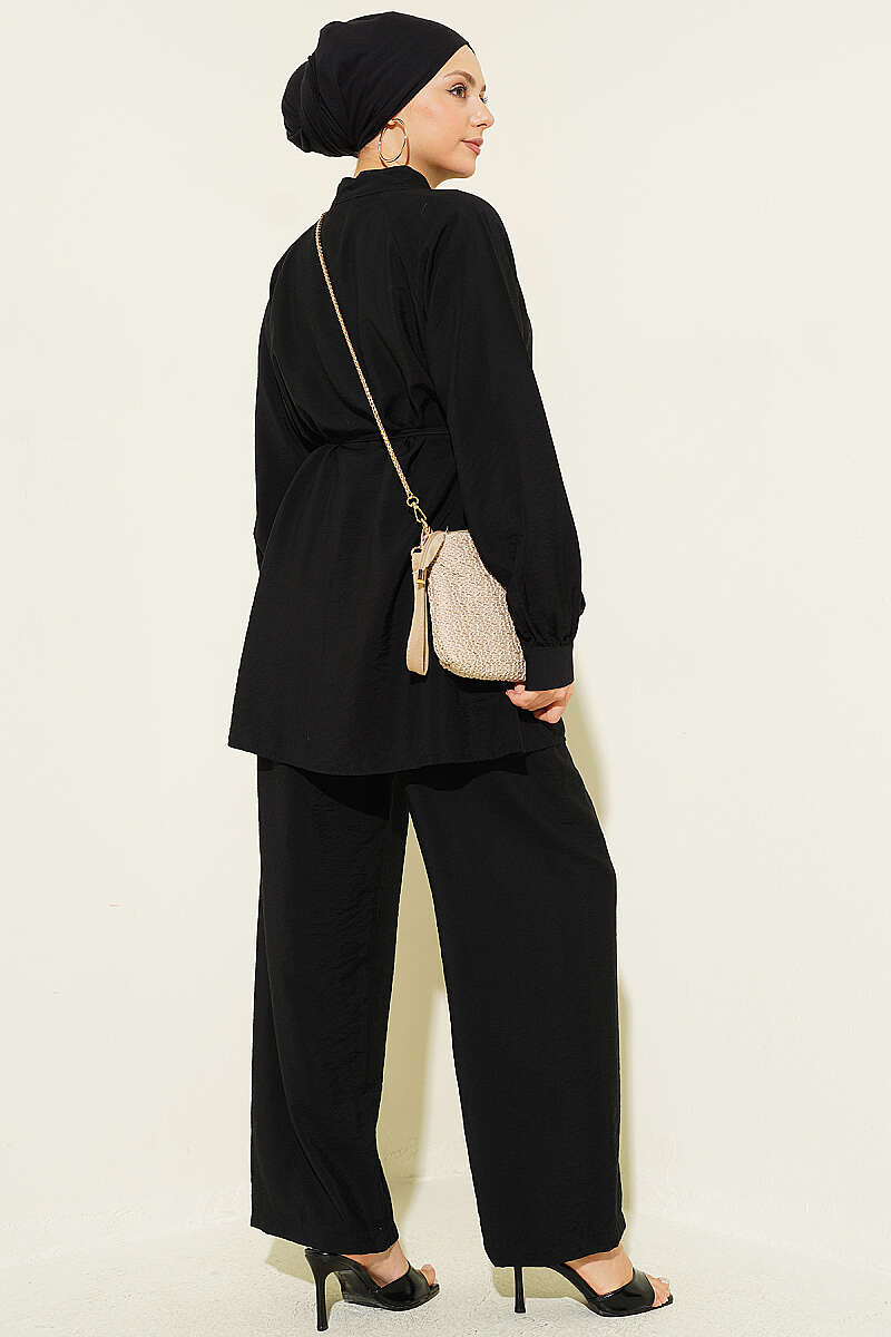 Two-Piece Set with Gathered Neck and Cord Belt - Black