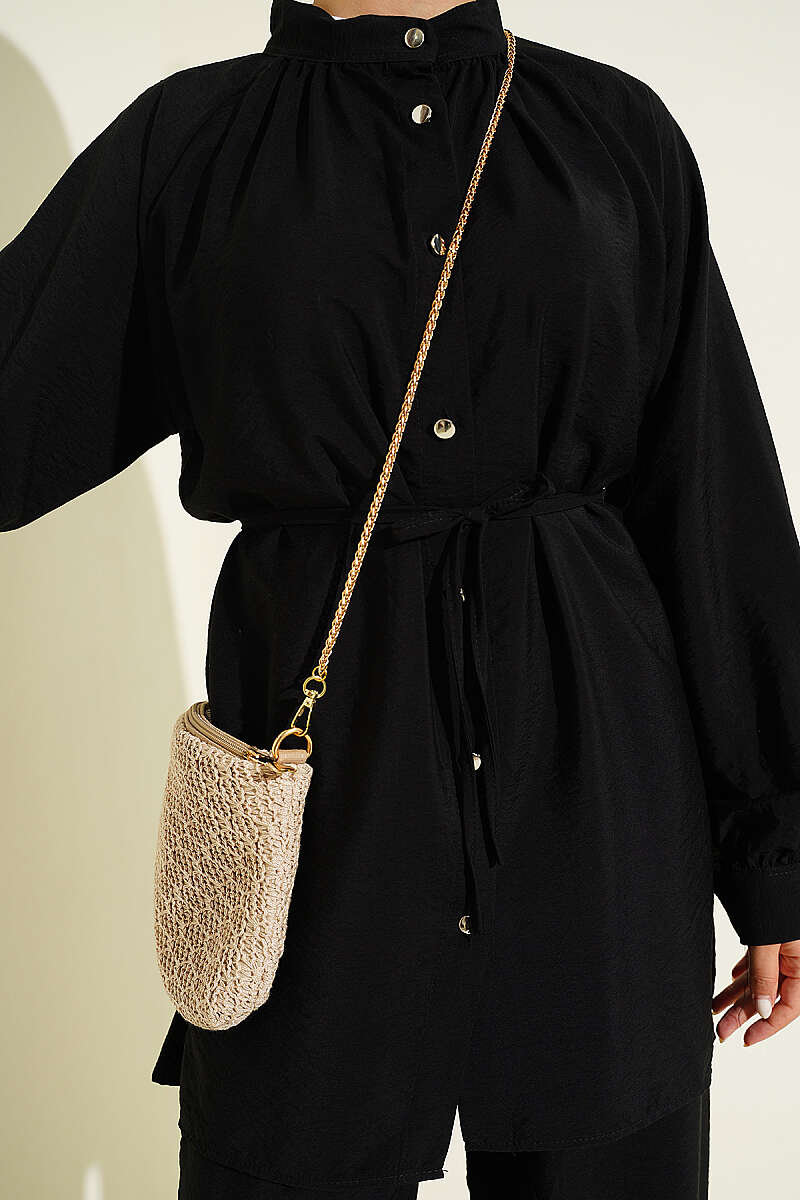 Two-Piece Set with Gathered Neck and Cord Belt - Black