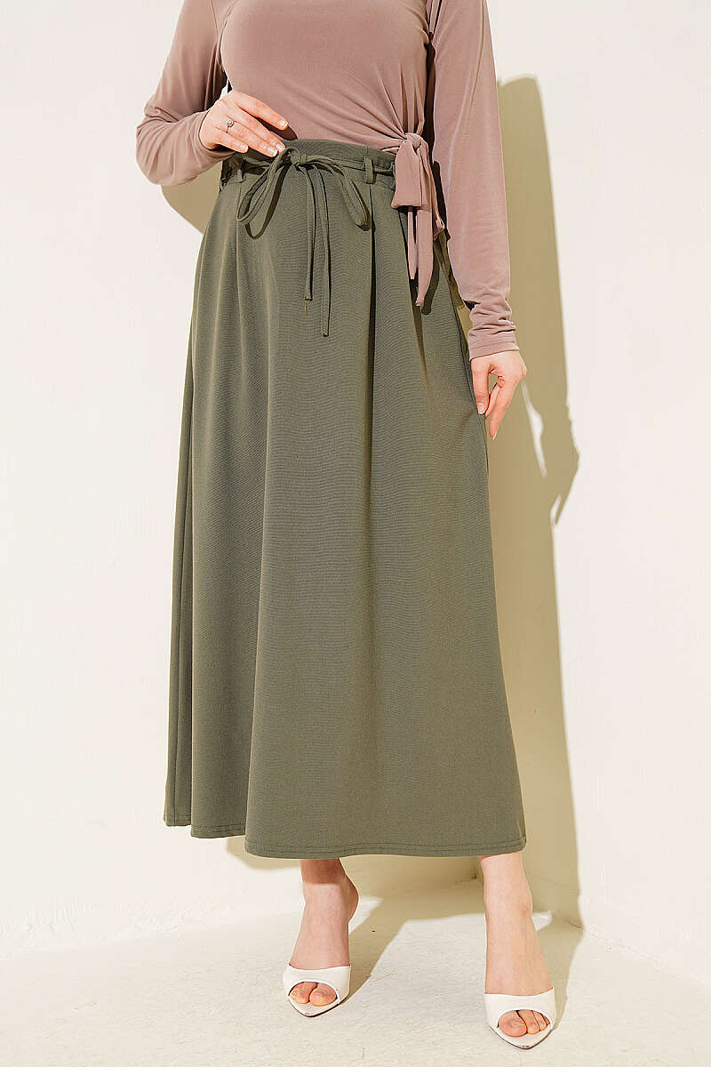 Skirt with Double Darts and Cord Belt - Khaki