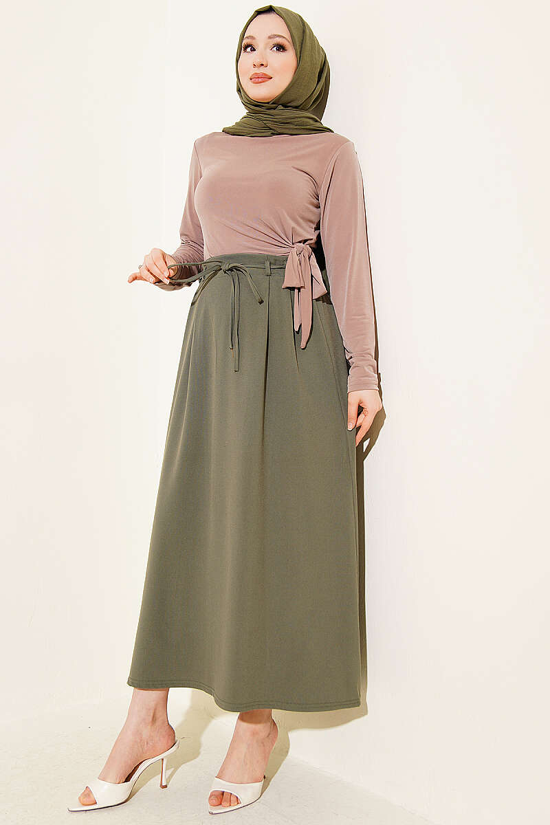 Skirt with Double Darts and Cord Belt - Khaki