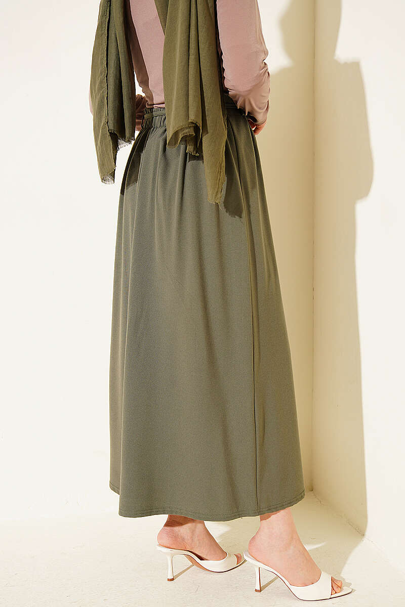 Skirt with Double Darts and Cord Belt - Khaki