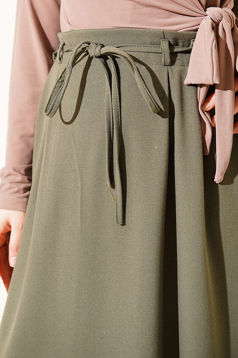 Skirt with Double Darts and Cord Belt - Khaki