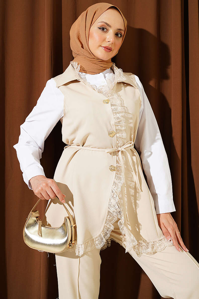 Two-Piece Set with Ruffled Lace Vest and Cord Belt - Beige