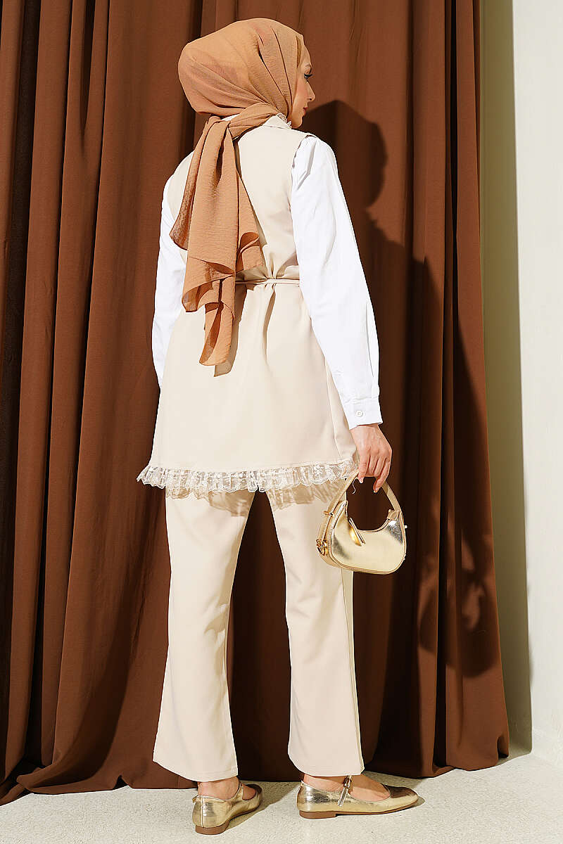 Two-Piece Set with Ruffled Lace Vest and Cord Belt - Beige
