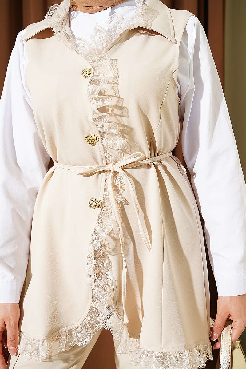 Two-Piece Set with Ruffled Lace Vest and Cord Belt - Beige