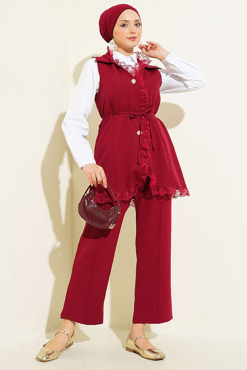 Two-Piece Set with Ruffled Lace Vest and Cord Belt - Burgundy