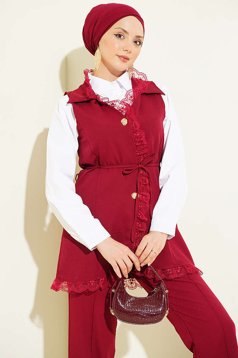 Two-Piece Set with Ruffled Lace Vest and Cord Belt - Burgundy