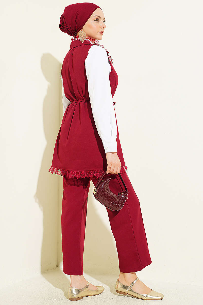 Two-Piece Set with Ruffled Lace Vest and Cord Belt - Burgundy
