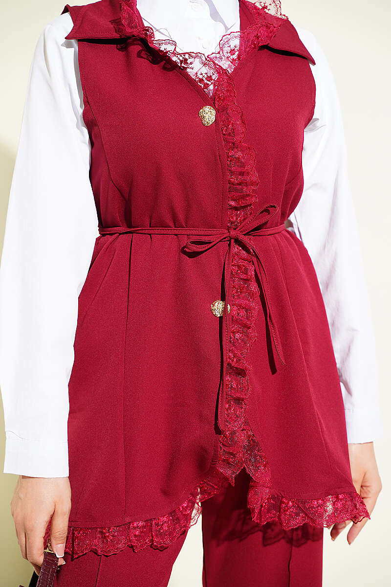 Two-Piece Set with Ruffled Lace Vest and Cord Belt - Burgundy