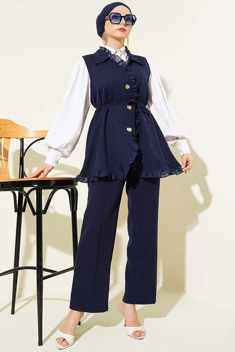 Two-Piece Set with Ruffled Lace Vest and Cord Belt - Navy