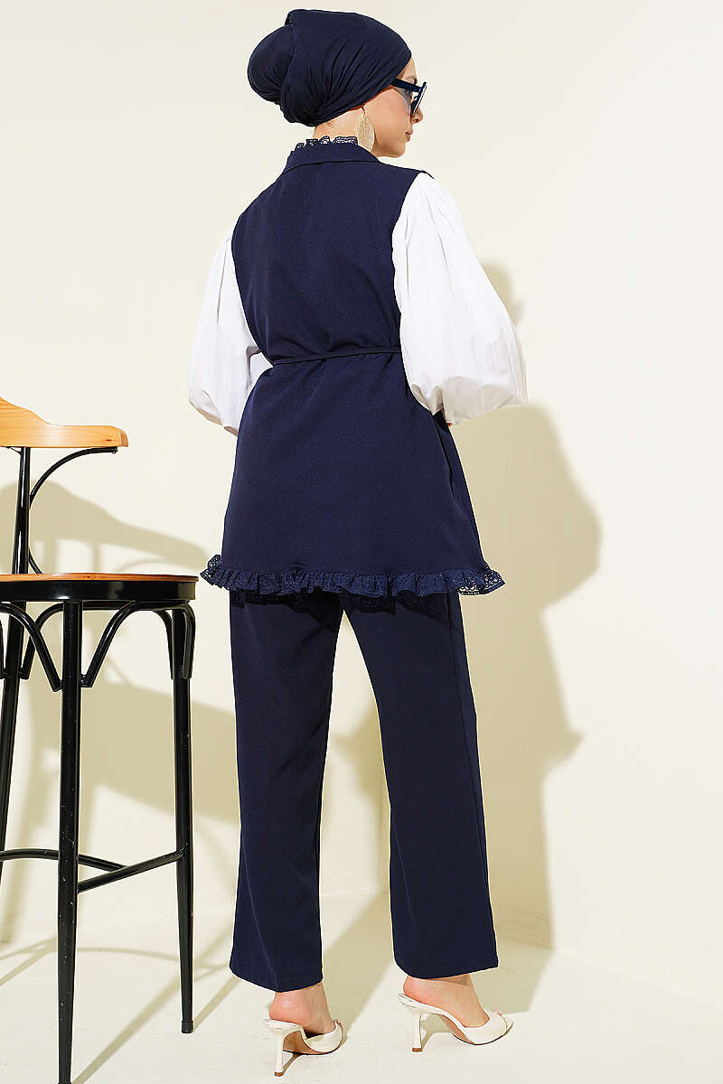 Two-Piece Set with Ruffled Lace Vest and Cord Belt - Navy