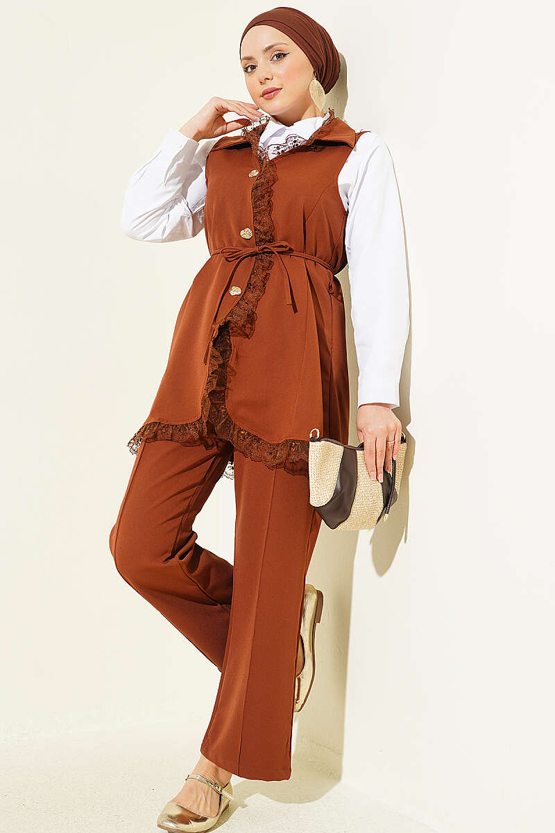 Two-Piece Set with Ruffled Lace Vest and Cord Belt - Tan