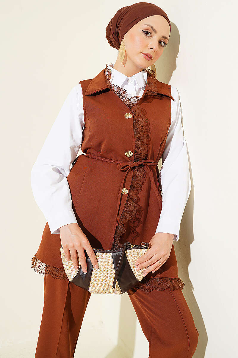 Two-Piece Set with Ruffled Lace Vest and Cord Belt - Tan