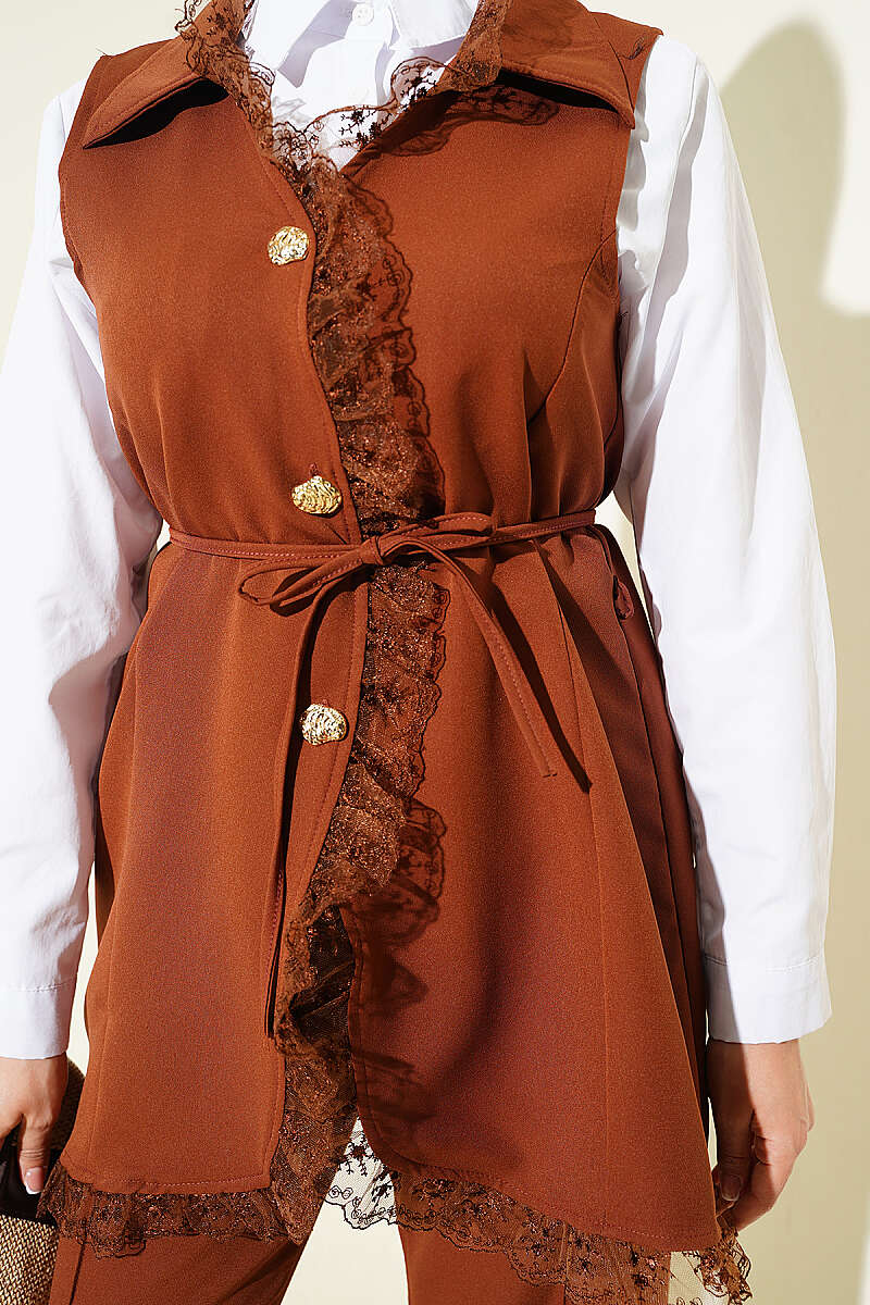 Two-Piece Set with Ruffled Lace Vest and Cord Belt - Tan