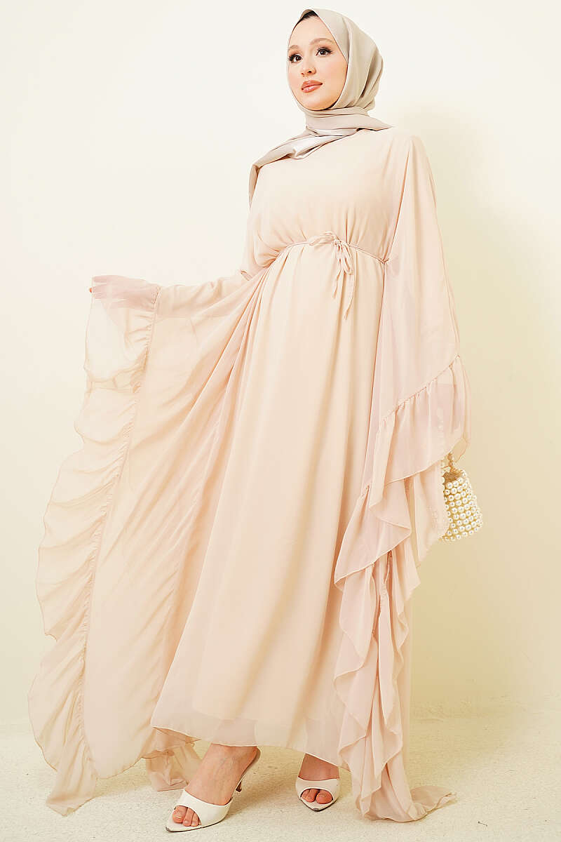 Ruffled Chiffon Dress with Cord Belt - Beige