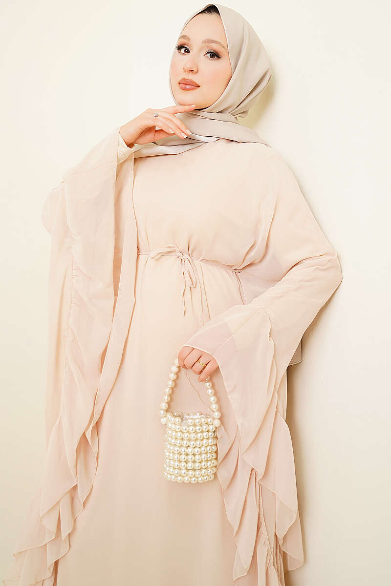Ruffled Chiffon Dress with Cord Belt - Beige