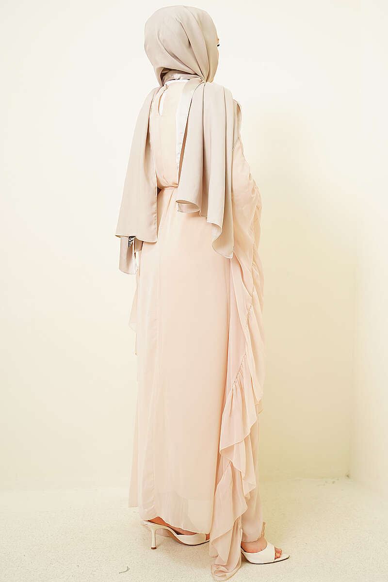 Ruffled Chiffon Dress with Cord Belt - Beige