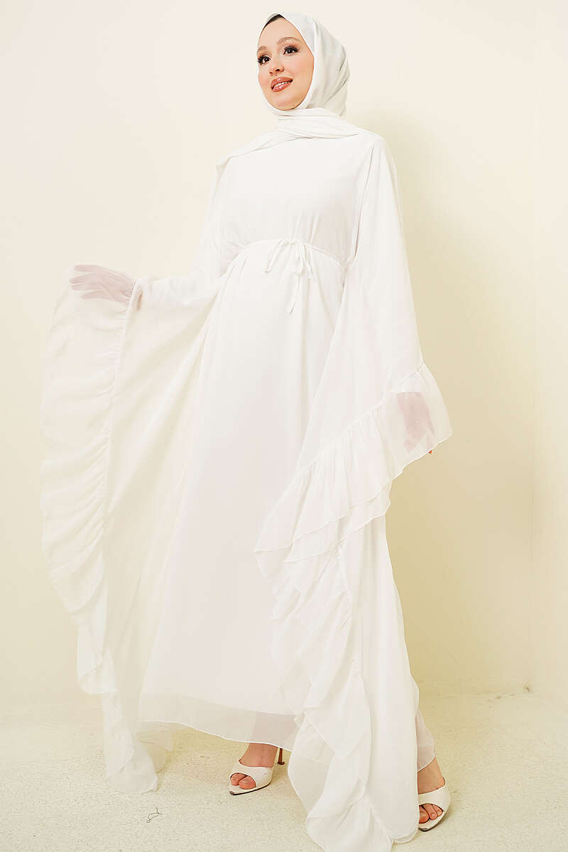 Ruffled Chiffon Dress with Cord Belt - White