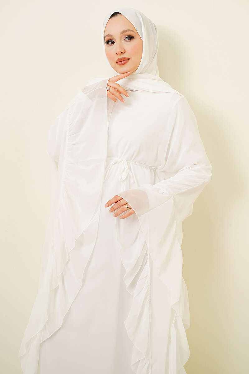 Ruffled Chiffon Dress with Cord Belt - White