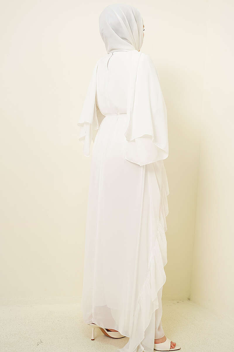 Ruffled Chiffon Dress with Cord Belt - White