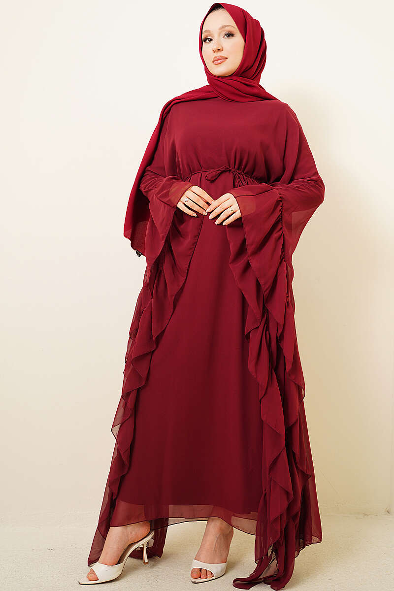 Ruffled Chiffon Dress with Cord Belt - Burgundy
