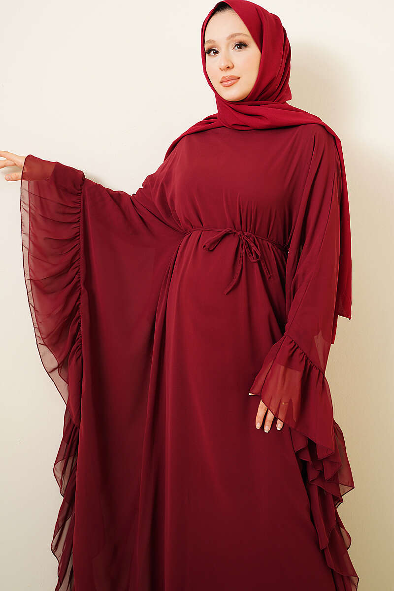 Ruffled Chiffon Dress with Cord Belt - Burgundy