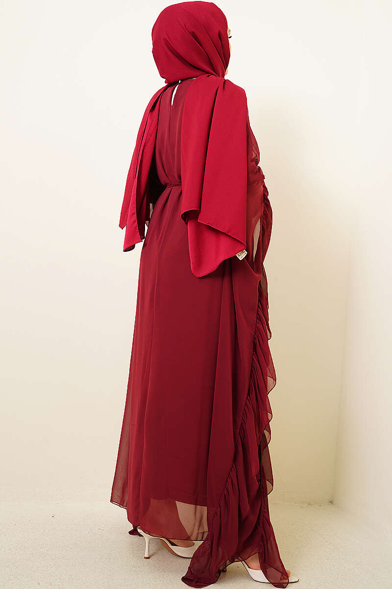 Ruffled Chiffon Dress with Cord Belt - Burgundy