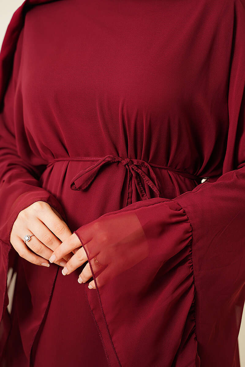 Ruffled Chiffon Dress with Cord Belt - Burgundy
