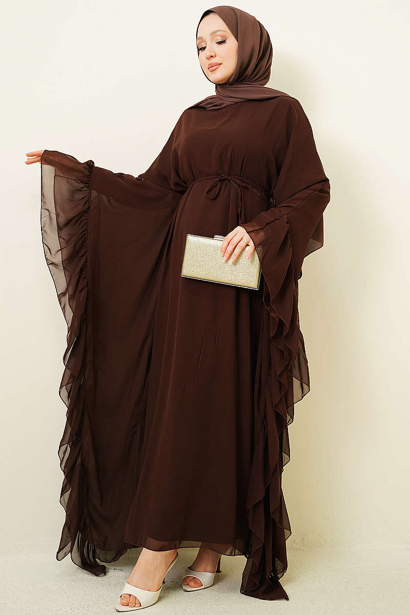 Ruffled Chiffon Dress with Cord Belt - Brown