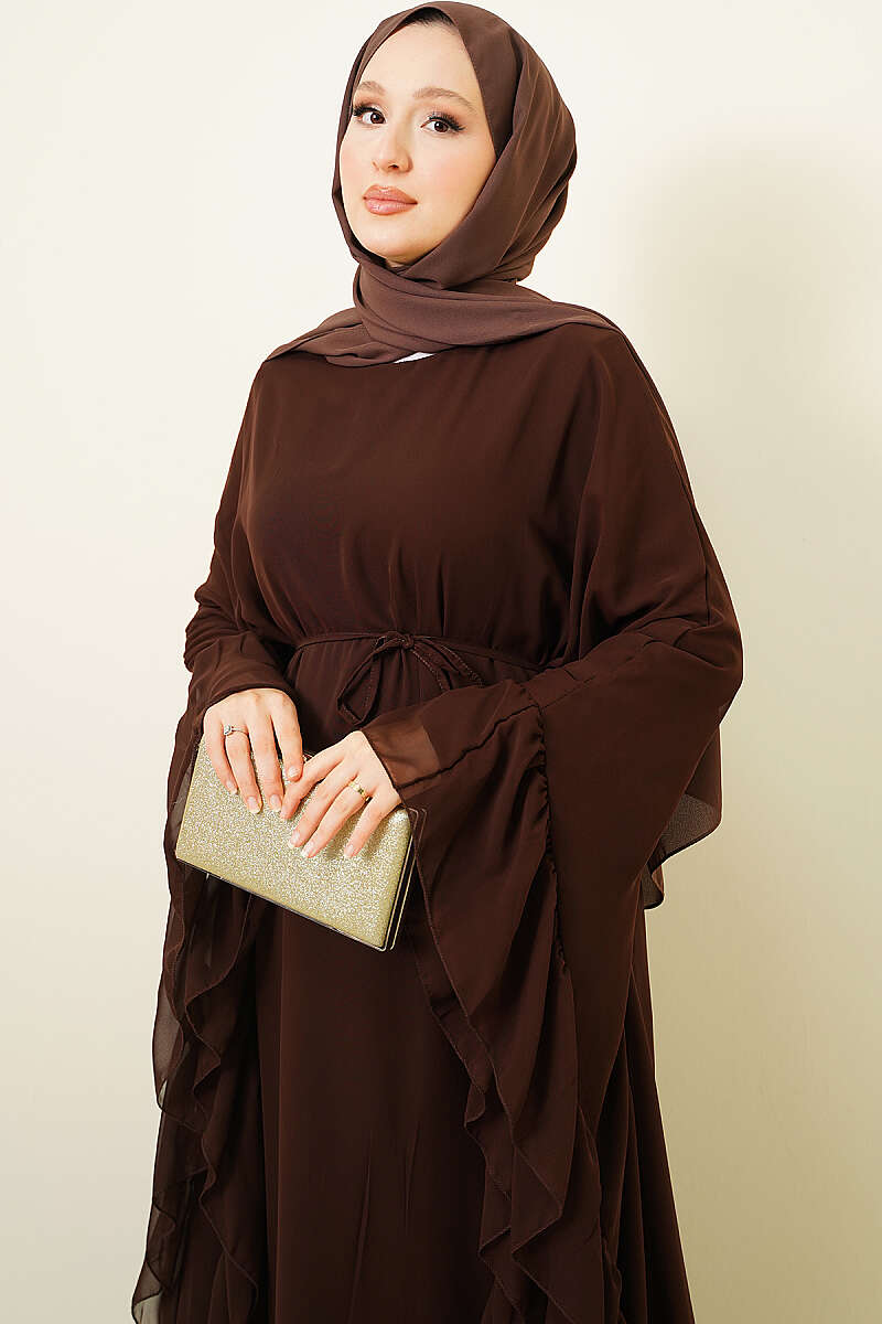 Ruffled Chiffon Dress with Cord Belt - Brown