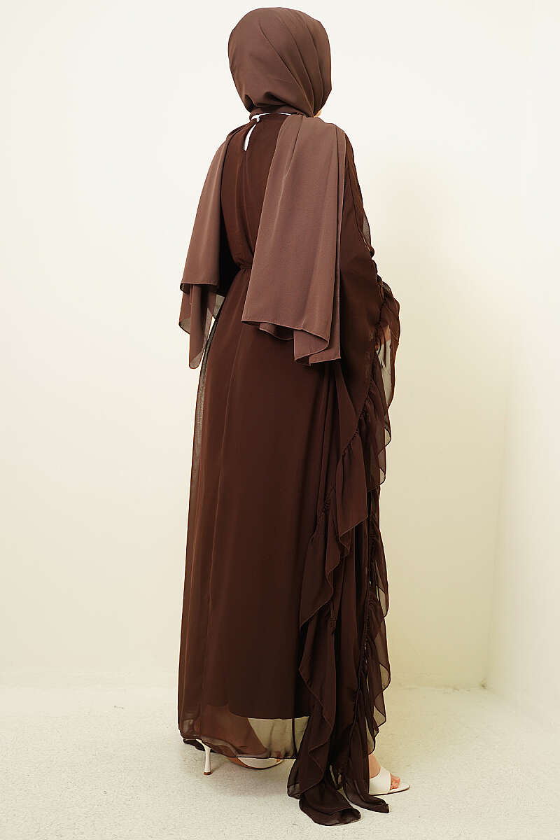 Ruffled Chiffon Dress with Cord Belt - Brown
