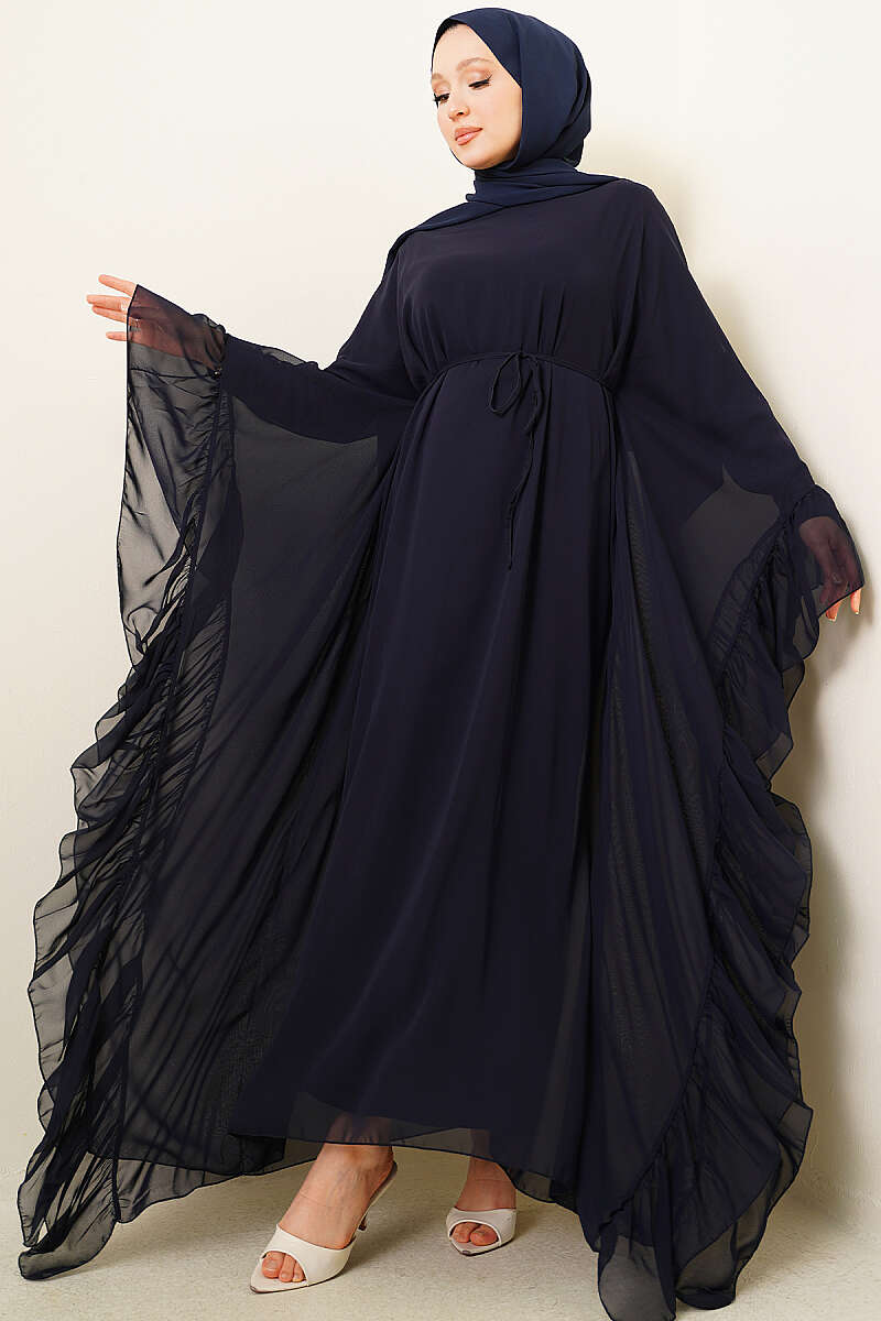 Ruffled Chiffon Dress with Cord Belt - Navy