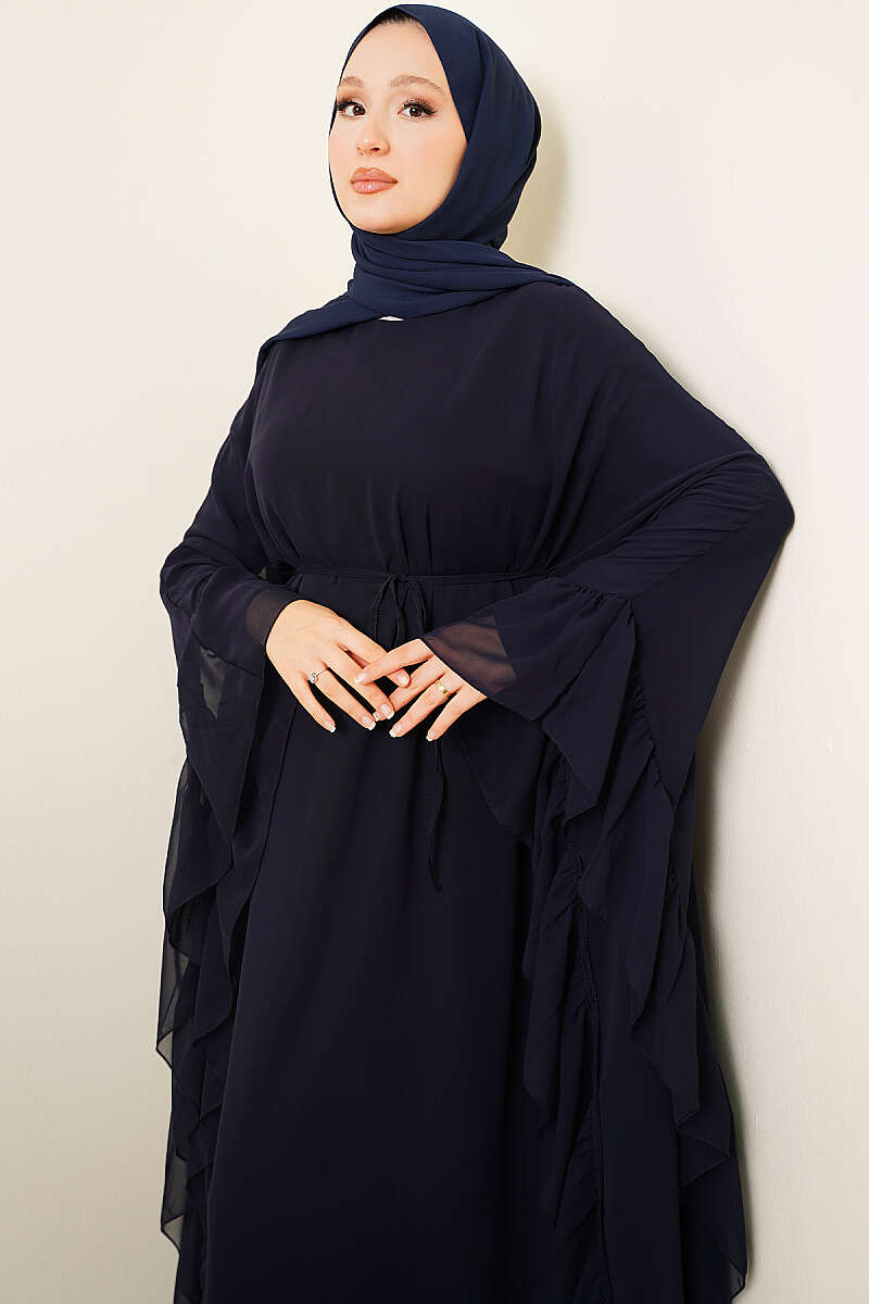 Ruffled Chiffon Dress with Cord Belt - Navy