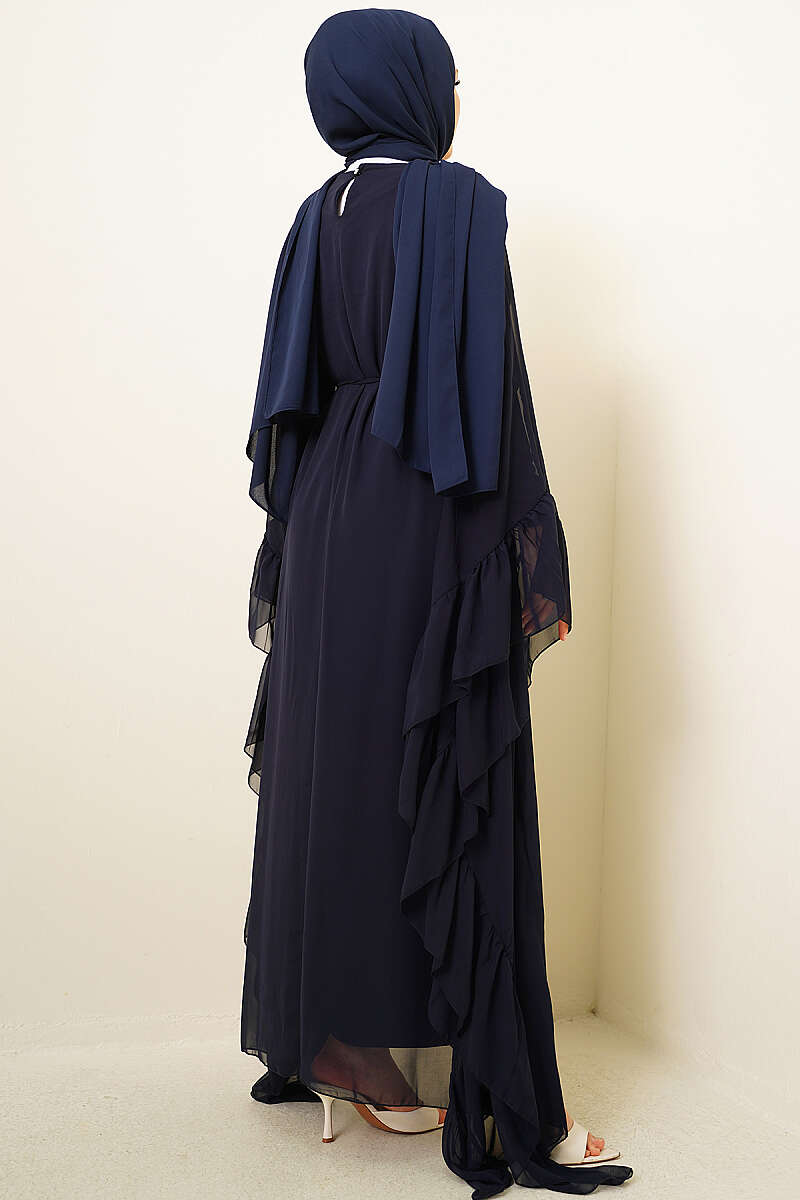 Ruffled Chiffon Dress with Cord Belt - Navy