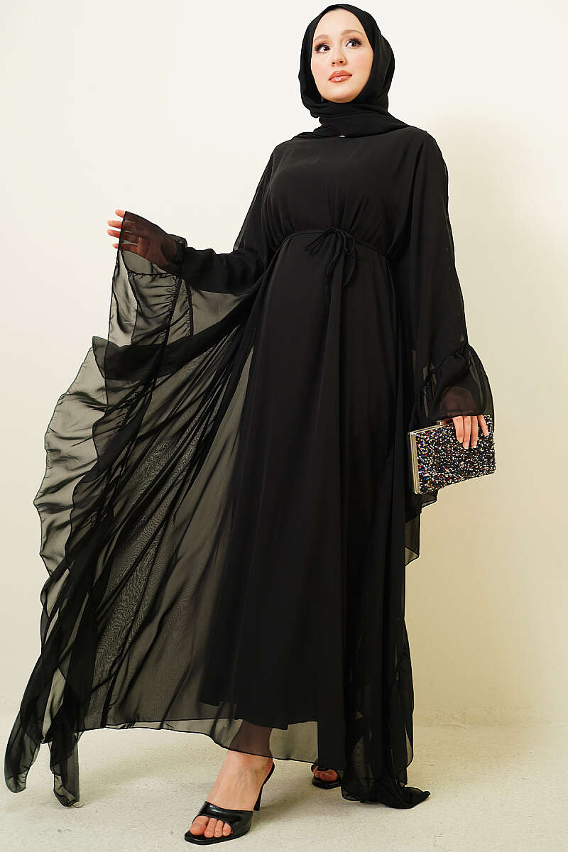 Ruffled Chiffon Dress with Cord Belt - Black