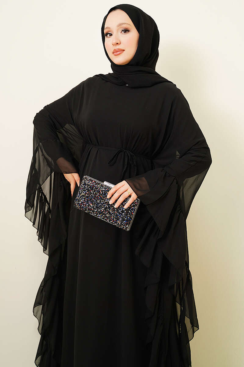 Ruffled Chiffon Dress with Cord Belt - Black