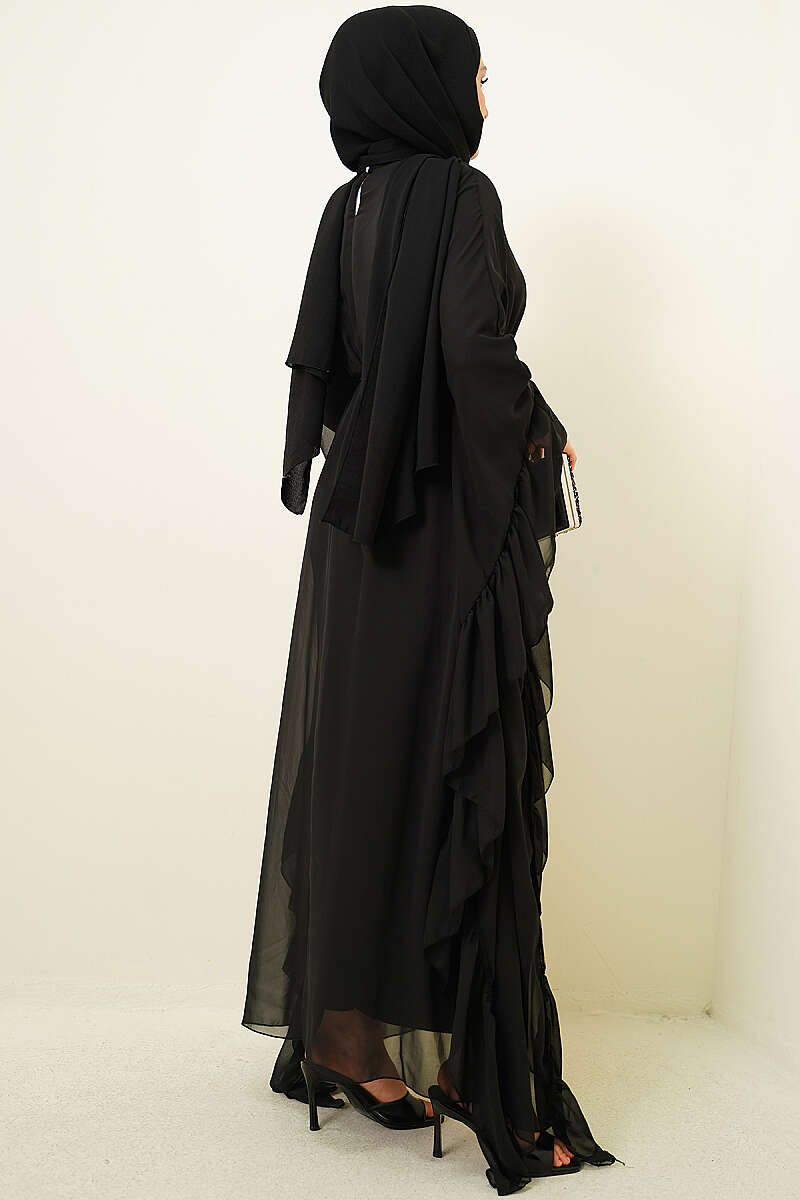Ruffled Chiffon Dress with Cord Belt - Black