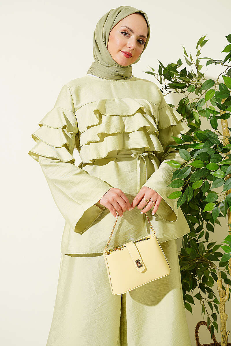 Ruffle Tunic Set with Tie Belt - Almond Green