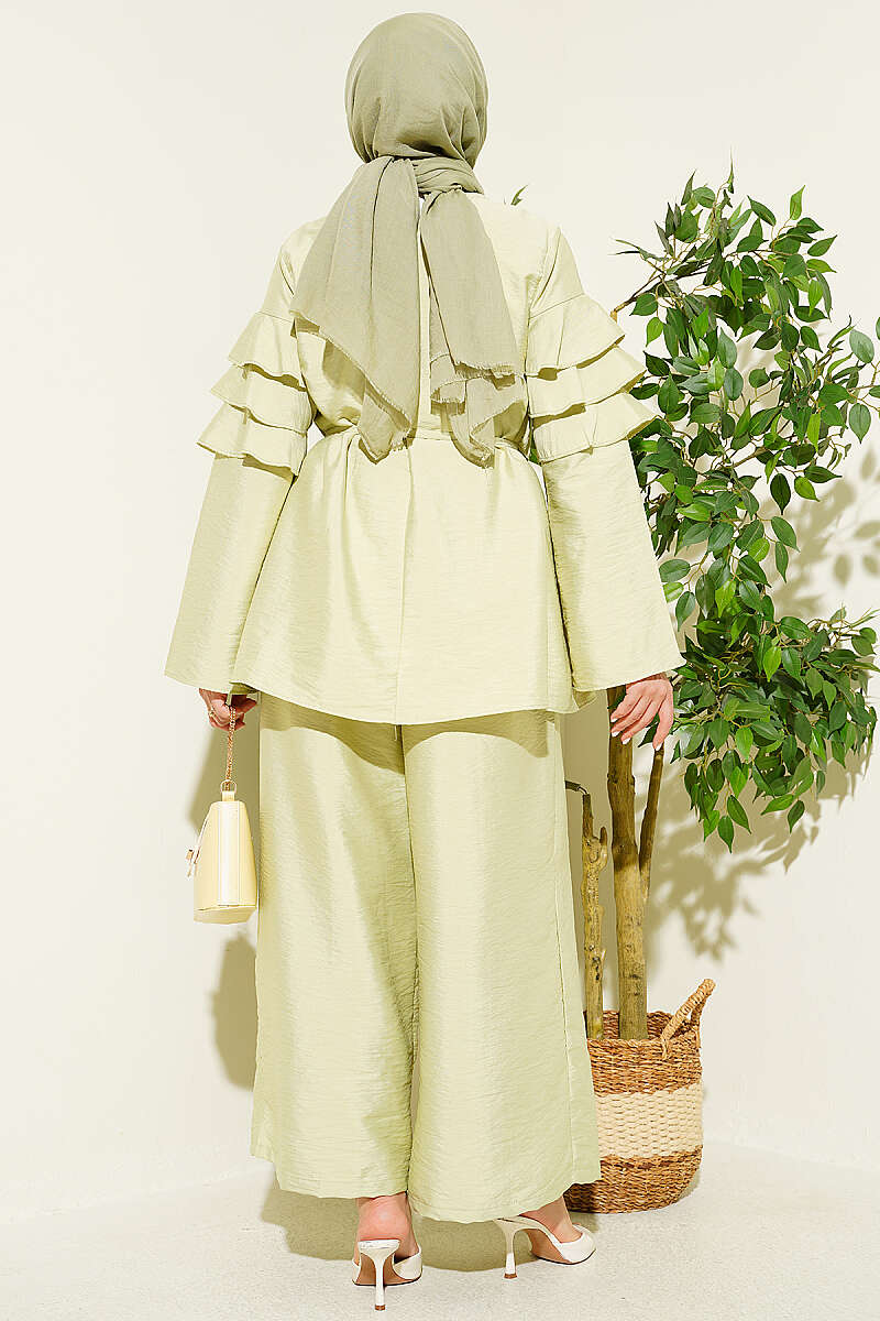 Ruffle Tunic Set with Tie Belt - Almond Green