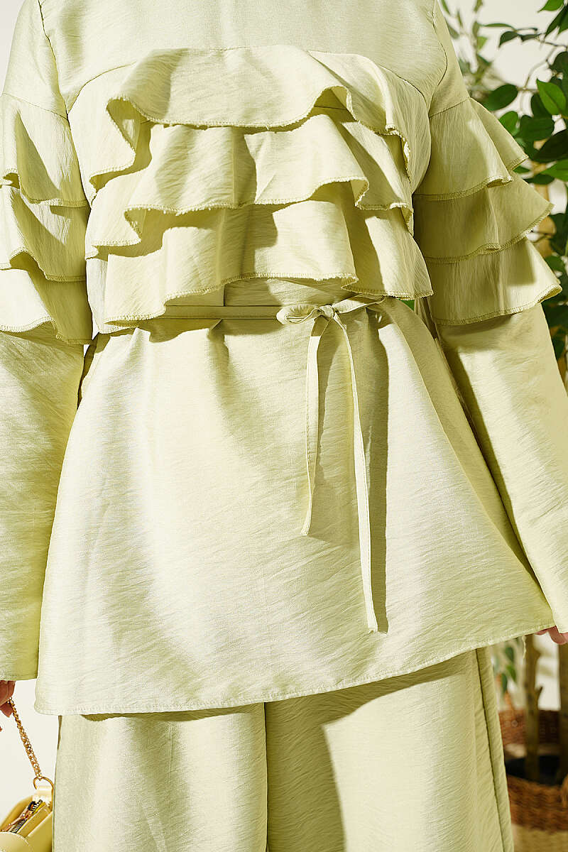 Ruffle Tunic Set with Tie Belt - Almond Green