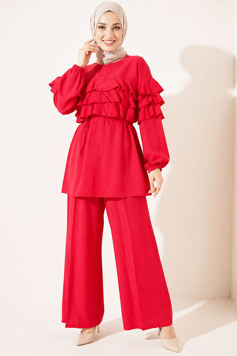 Ruffle Tunic Set with Tie Belt - Red