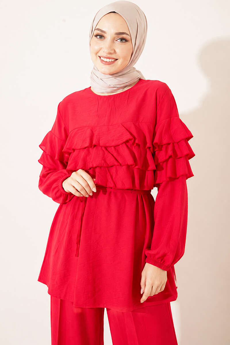 Ruffle Tunic Set with Tie Belt - Red