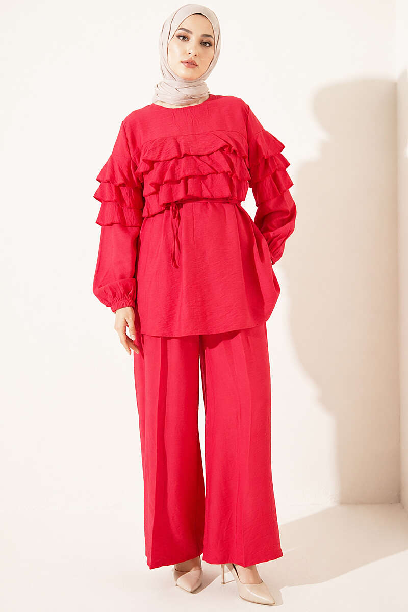 Ruffle Tunic Set with Tie Belt - Red