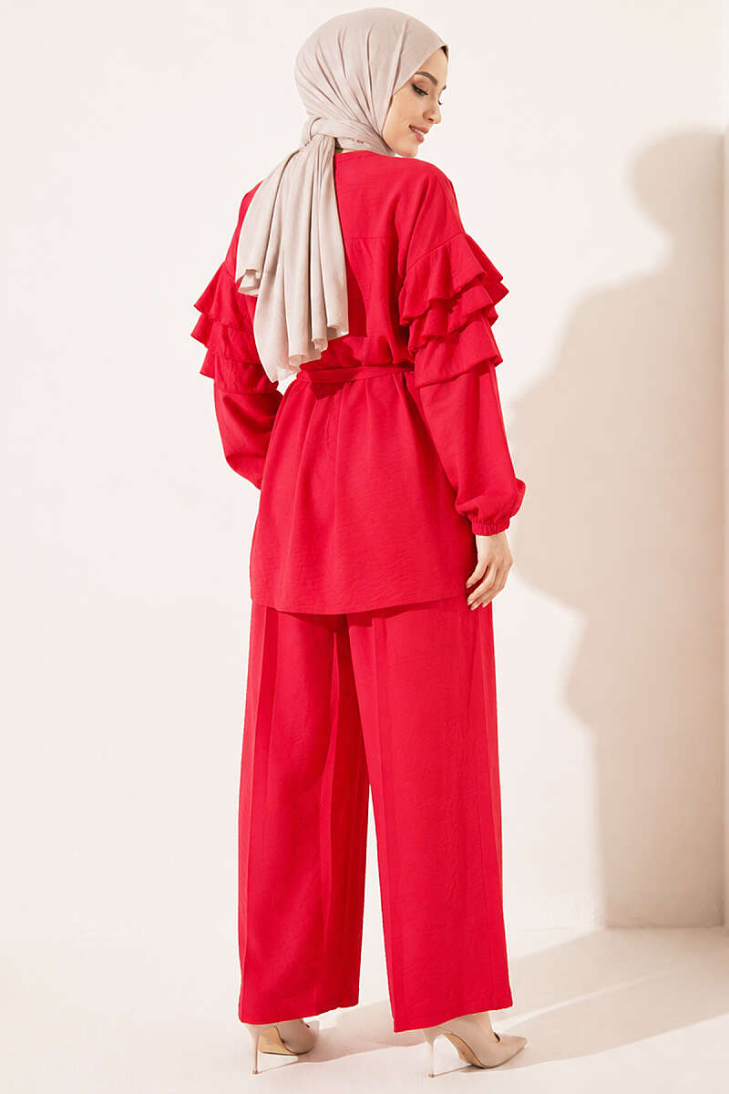 Ruffle Tunic Set with Tie Belt - Red